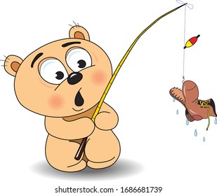 Cute bear fishing caught an old boot