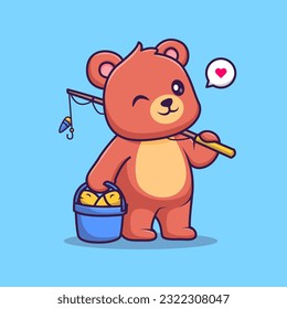 Cute Bear Fishing Fish Cartoon Vector Icon Illustration. Animal Food Icon Concept Isolated Premium Vector. Flat Cartoon Style