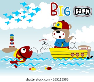 Cute bear fishing on boat in the sea, flock of birds flying, vector cartoon illustration