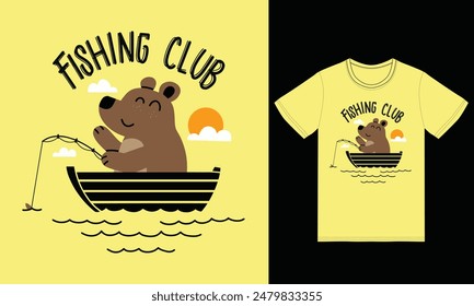 Cute Bear Fishing with tshirt design premium vector the Concept of Isolated Technology. Flat Cartoon Style Suitable for Landing Web Pages,T shirt, Flyers, Stickers