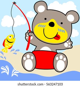 Cute bear fishing, vector cartoon illustration