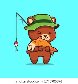Cute Bear Fishing Vector Icon Illustration. Animal Icon Concept Isolated Premium Vector. Flat Cartoon Style 