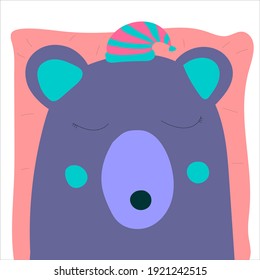 Cute bear in flat Scandinavian style. Sleep on a pillow.  Suitable for the design of children's clothing, bags, notebooks and more.