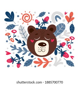 Cute bear flat vector illustration. Funny bear with cute flowers and berries. Childish t shirt print design.