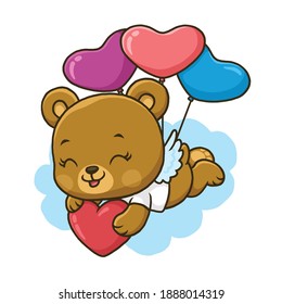 Cute bear flies with hearts balloon isolated on white background.