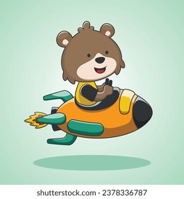 cute bear flies to the moon on a rocket. Cute cartoon character for children. Doodle animal. Space theme. Vector illustration.