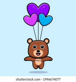 cute bear floating with heart balloon cartoon character