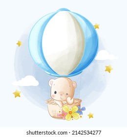 Cute bear floating on hot air balloon cartoon illustration