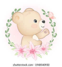 Dibujo del marco del Oso y la flora cúbico ilustración de la acuarela animal