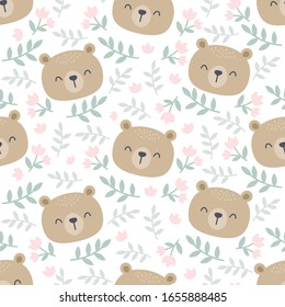 Cute bear and floral seamless background repeating pattern, wallpaper background, cute seamless pattern background