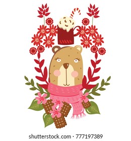 Cute bear with floral wreath