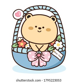 Cute bear and flower in blue basket.Teddy bear cartoon.Animal character design.Kid art.Image for card,sticker,baby product.Kawaii.Vector.Illustration.