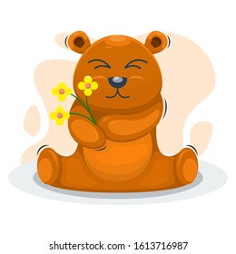 CUTE BEAR WITH THE FLOWER CARTOON VECTOR