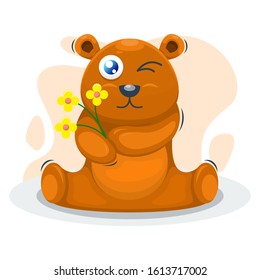 CUTE BEAR WITH THE FLOWER CARTOON VECTOR