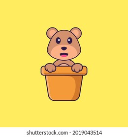 Cute bear in a flower vase. Animal cartoon concept isolated. Can used for t-shirt, greeting card, invitation card or mascot. Flat Cartoon Style