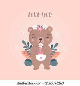 Cute bear with flowers and leaves. Smiling bear holding a flower pot. Design for graphics, shirts, prints, posters, greetings, souvenir products. Hand drawn flat vector illustration.