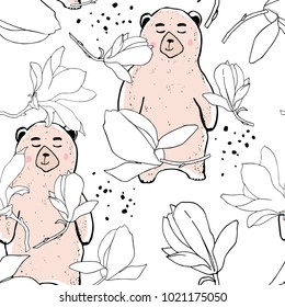 Cute bear and flowers of the magnolia. Seamless pattern with naive children's drawing. Childish print for nursery, kids apparel,poster, postcard. Vector illustration.