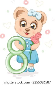 Un oso lindo con flores y el número 8
