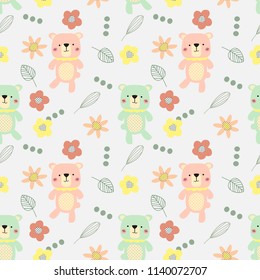 Cute bear and flowers seamless pattern vector.