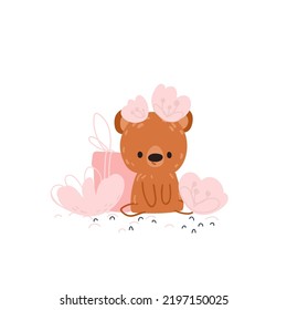 Cute bear with flowers. Vector print for children room, fabric, paper, greeting card, postcard, card, t shirt, poster, textile. Vector illustration