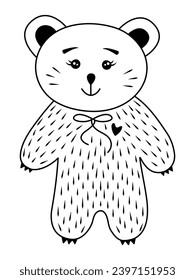 Cute bear. Fluffy, plush and very positive character, vector black and white illustration