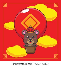 Cute bear fly with air balloon in chinese new year. Vector cartoon Illustration suitable for poster, brochure, web, mascot, sticker, logo and icon.