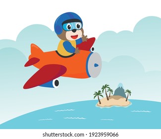 Cute bear flying in airplane cartoon hand drawn vector illustration. Can be used for t-shirt printing, children wear fashion designs, baby shower invitation cards and other decoration. 