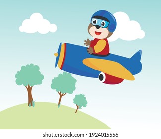 Cute bear flying in airplane, cartoon hand drawn vector illustration. Can be used for t-shirt printing, children wear fashion designs, baby shower invitation cards and other decoration. 