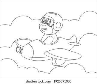 Cute bear flying in airplane, cartoon hand drawn vector illustration. Cartoon isolated vector illustration, Creative vector Childish design for kids activity colouring book or page.