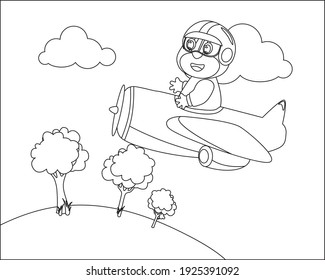 Cute bear flying in airplane, cartoon hand drawn vector illustration. Cartoon isolated vector illustration, Creative vector Childish design for kids activity colouring book or page.