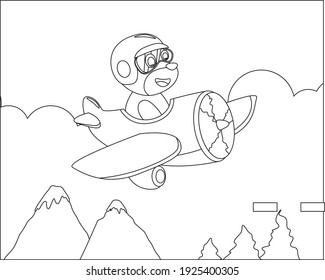 Cute bear flying in airplane, cartoon hand drawn vector illustration. Cartoon isolated vector illustration, Creative vector Childish design for kids activity colouring book or page.