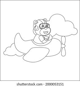 Cute bear flying in airplane cartoon hand drawn vector illustration. Childish design for kids activity colouring book or page.