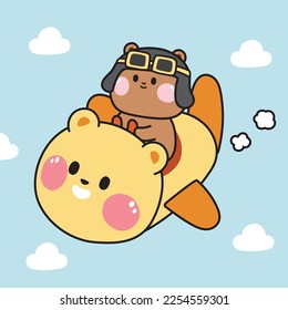 Cute bear flying in airplane on white background.Pilot teddy cartoon.Kid gaphic design.Helicopter.Sky transportation.Kawaii.Vector.Illustration.