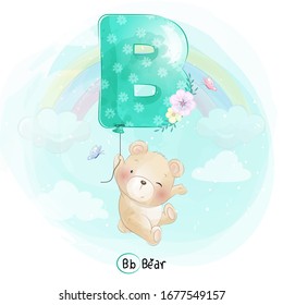 Cute bear flying with alphabet-B balloon