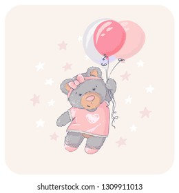 Cute bear flying in a balloon.  Happy Birthday.