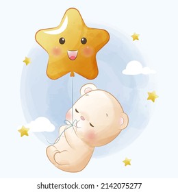 Oso lindo vuela un globo en el cielo entre las estrellas