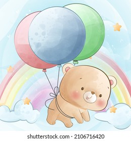 Cute bear flying with a balloons cartoon watercolor illustration