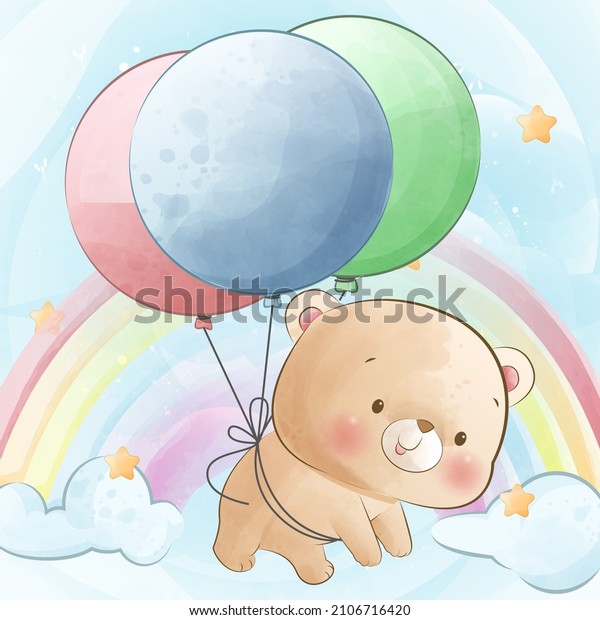 Cute bear flying with a balloons cartoon\
watercolor illustration