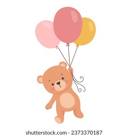 Cute bear is flying in balloons. Vector baby bear isolated on white