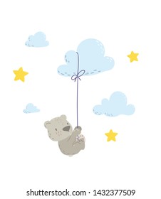 Cute bear is flying in a cloud  balloon cartoon flat vector illustration for kids. Perfect for t-shirt print, nursery  textile, kids wear fashion design, baby shower invitation card.