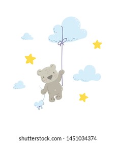Cute bear is flying in a cloud  balloon cartoon flat vector illustration for kids. Perfect for t-shirt print, nursery  textile, kids wear fashion design, baby shower invitation card.