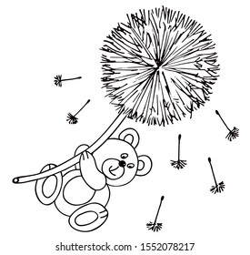 Cute bear is flying with a dandelion. Black and white vector for coloring, for card or gift.