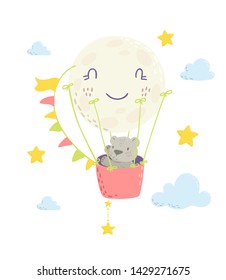 Cute bear is flying in a hot air  balloon cartoon flat vector illustration for kids. Perfect for t-shirt print, nursery  textile, kids wear fashion design, baby shower invitation card.