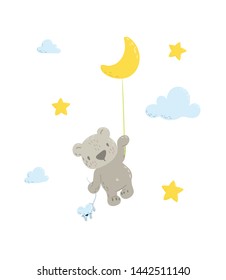 Cute bear is flying in a moon  balloon cartoon flat vector illustration for kids. Perfect for t-shirt print, nursery  textile, kids wear fashion design, baby shower invitation card.