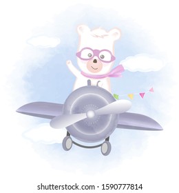 Cute bear flying on airplane hand drawn animal cartoon illustration watercolor background
