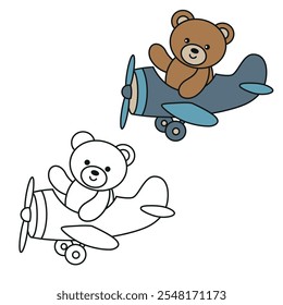 Cute bear flying on airplane plane, cartoon hand drawn vector illustration