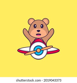 Cute bear flying on a plane. Animal cartoon concept isolated. Can used for t-shirt, greeting card, invitation card or mascot.