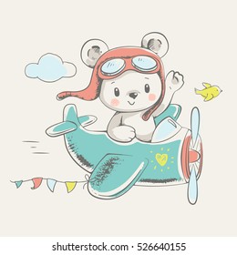 Cute bear flying on a plane cartoon hand drawn vector illustration. Can be used for t-shirt print, kids wear fashion design, baby shower invitation card.