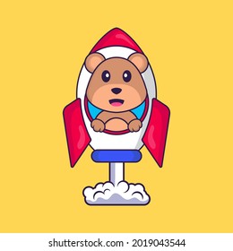 Cute bear flying on rocket. Animal cartoon concept isolated. Can used for t-shirt, greeting card, invitation card or mascot.