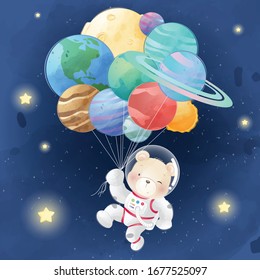 Cute bear flying with planet balloons